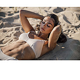   Young woman, Sunbathing, Sandy, Beach holiday