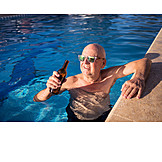   Senior, Happy, Beer, Pool, Poolside